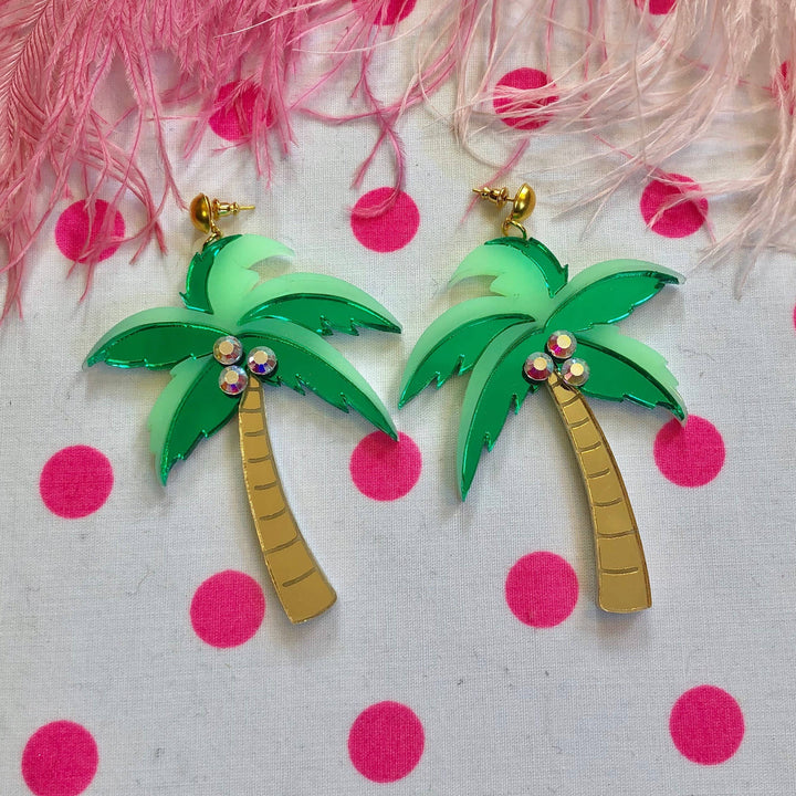 Mirrored Palm Tree Earrings With Rhinestones