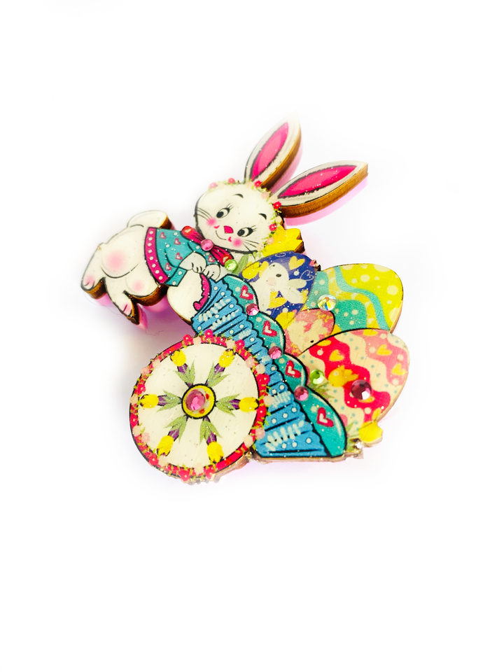 Benny Bunny and his Easter Egg Cart Brooch by Rosie Rose Parker