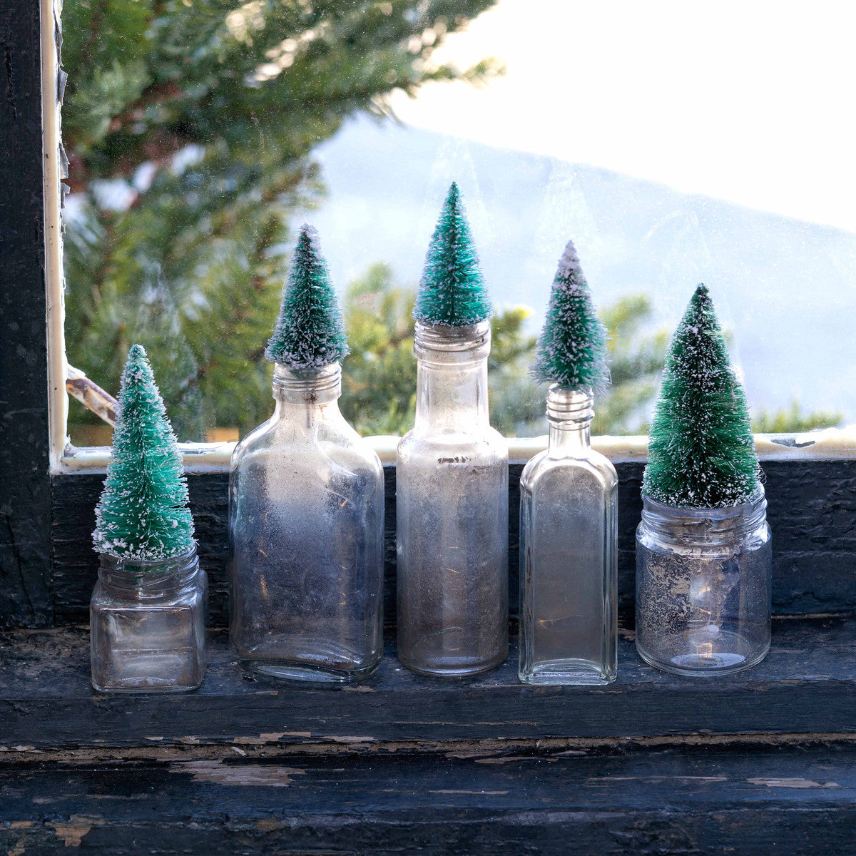 Park Hill Vintage Mini Bottle Brush Tree Topped Bottles Set/5