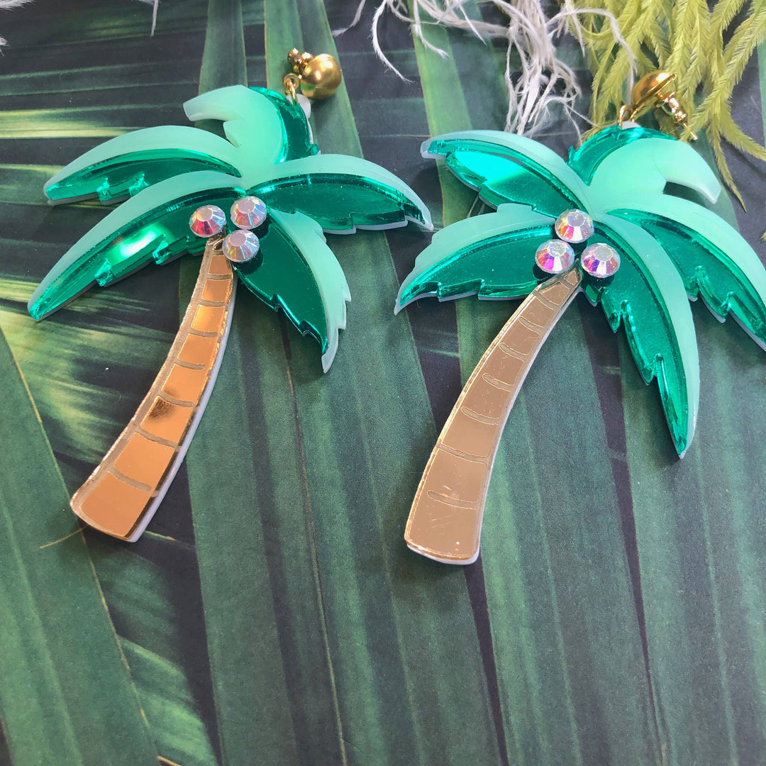 Mirrored Palm Tree Earrings With Rhinestones