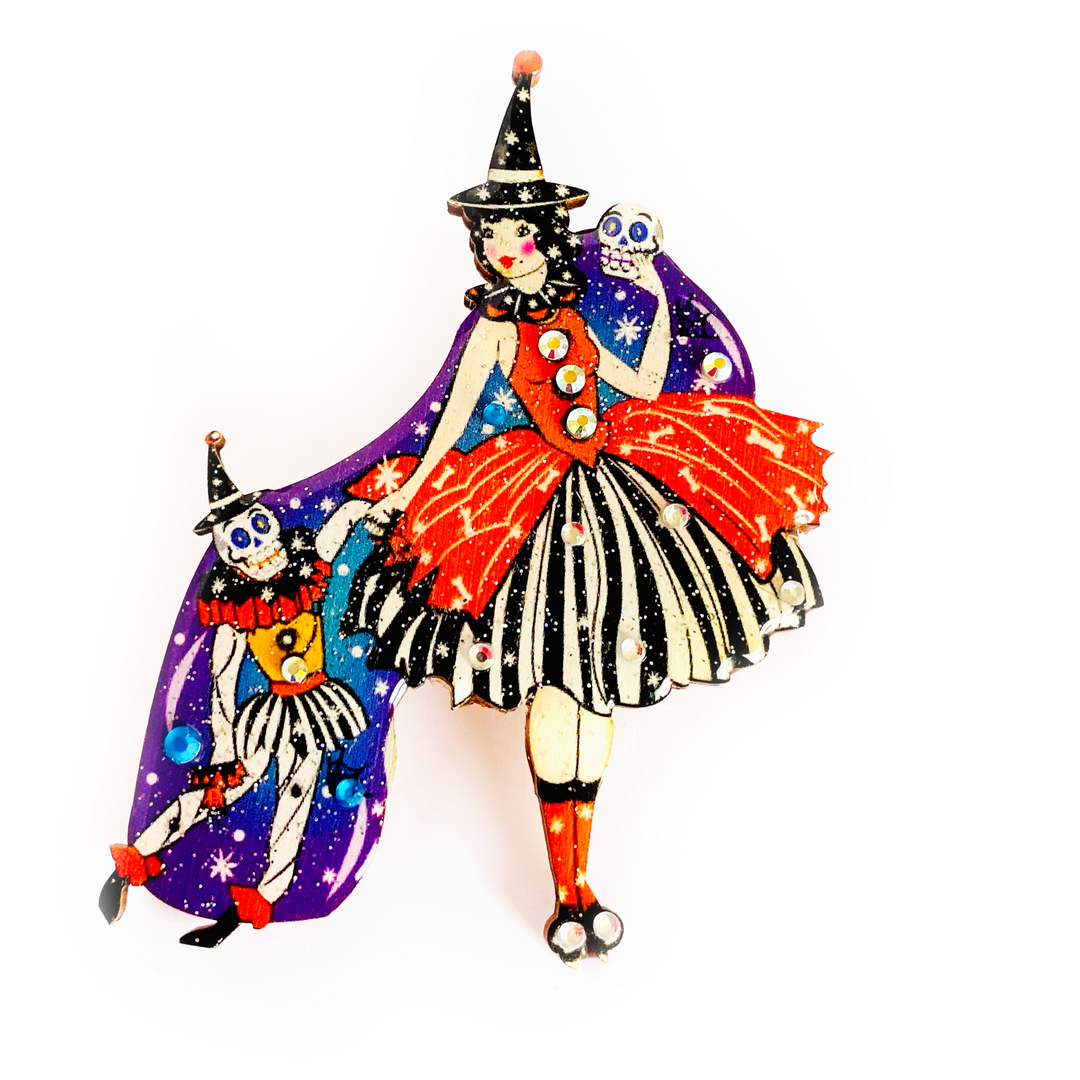 "Meggie the Witch and her Skeleton Doll" Brooch by Rosie Rose Parker