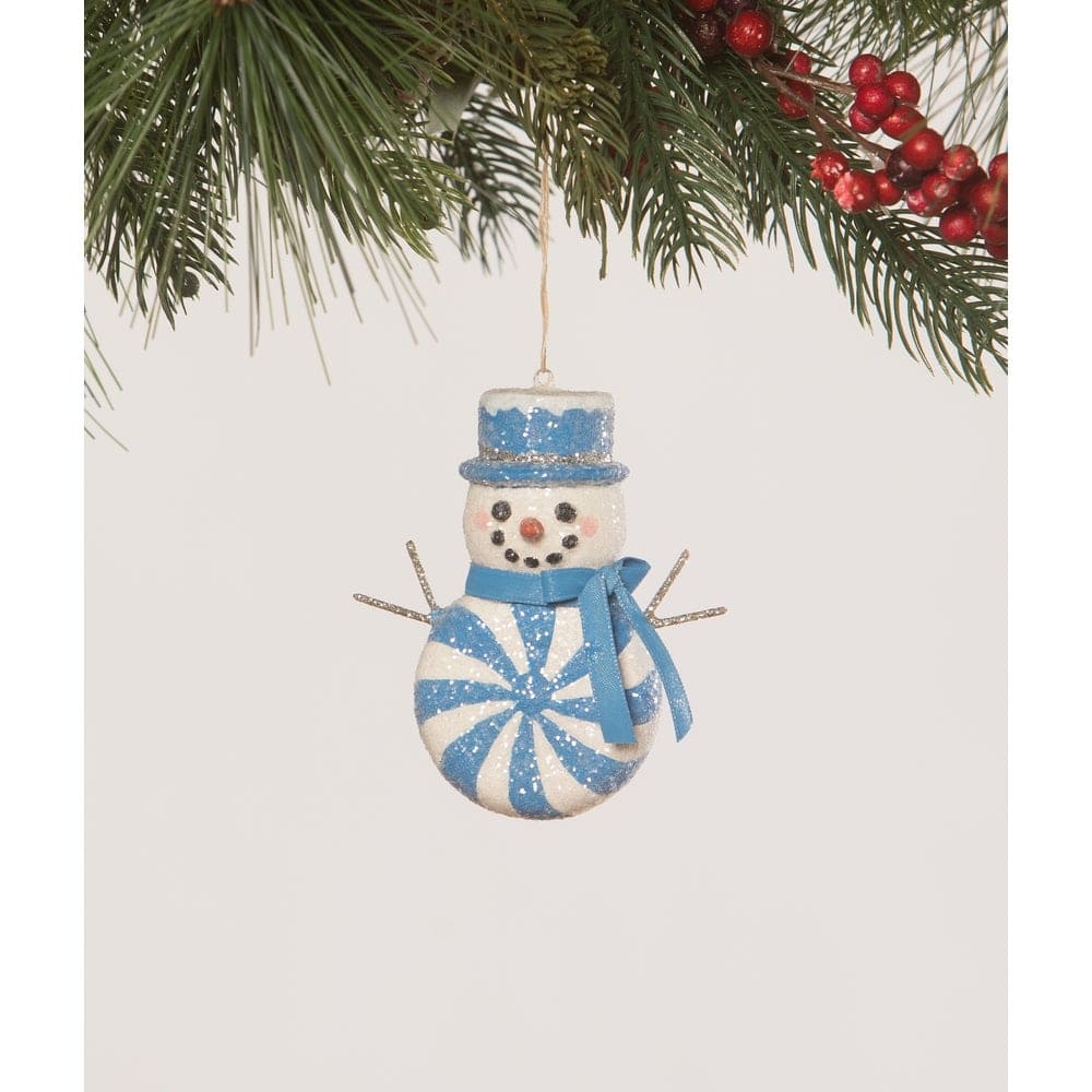 Blue Peppermint Snowman Ornament by Bethany Lowe