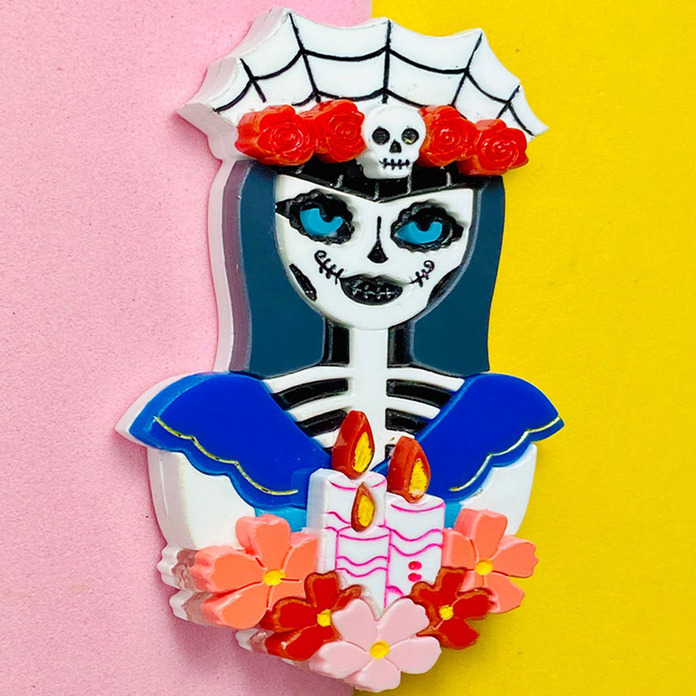 Day of the Dead 2021 Collection - Coccotte Calavera with Candles Acrylic Brooch by Makokot Design