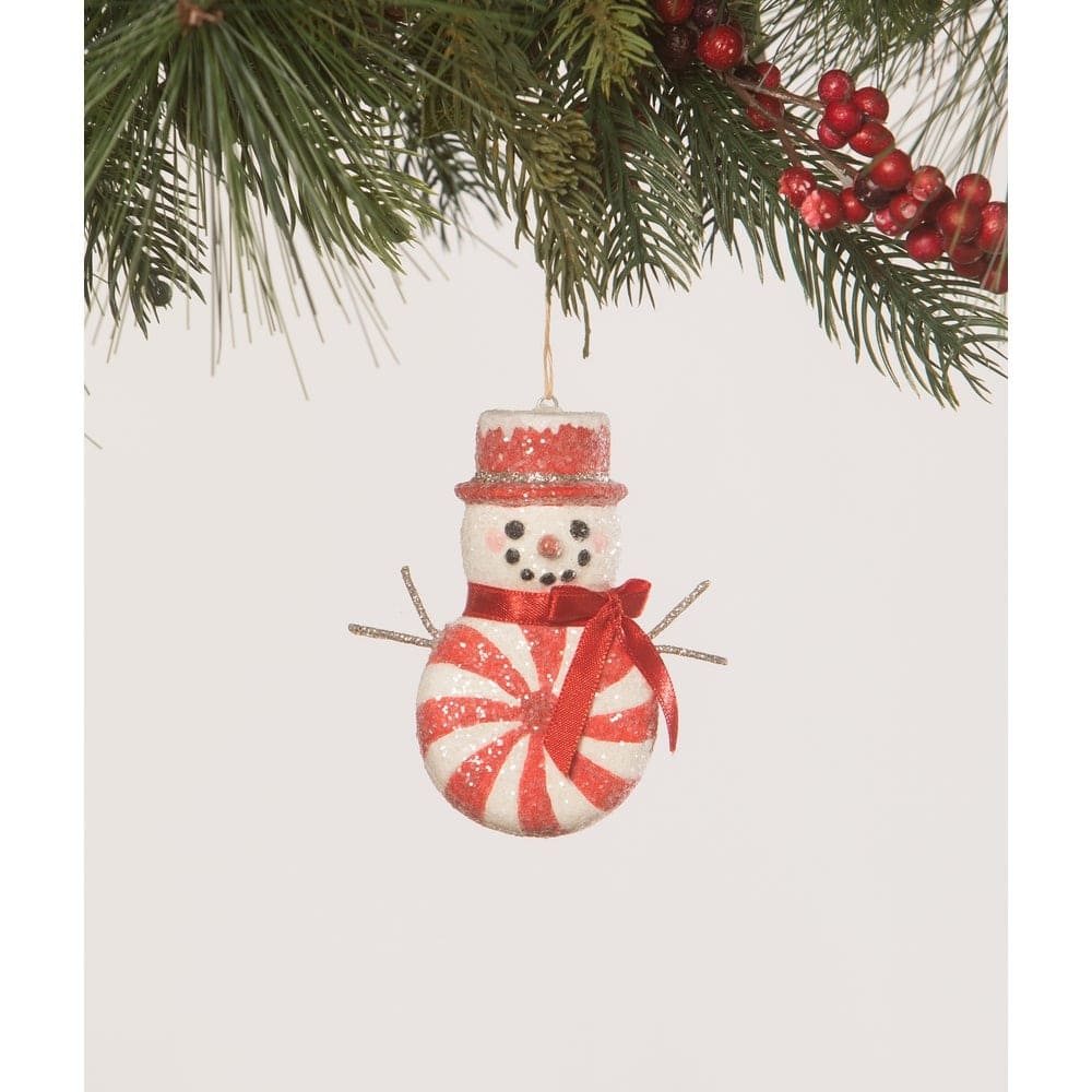 Red Peppermint Snowman Ornament by Bethany Lowe