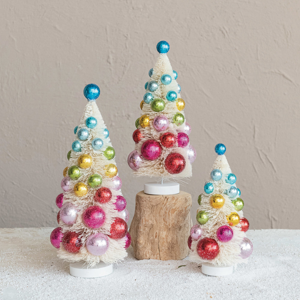 Sisal Bottle Brush Trees w/ Ornaments & Wood Bases, Set of 3 by Creative Co-Op