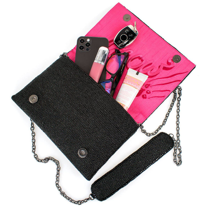 Kitty Couture Black and Pink Beaded Cat Crossbody Handbag