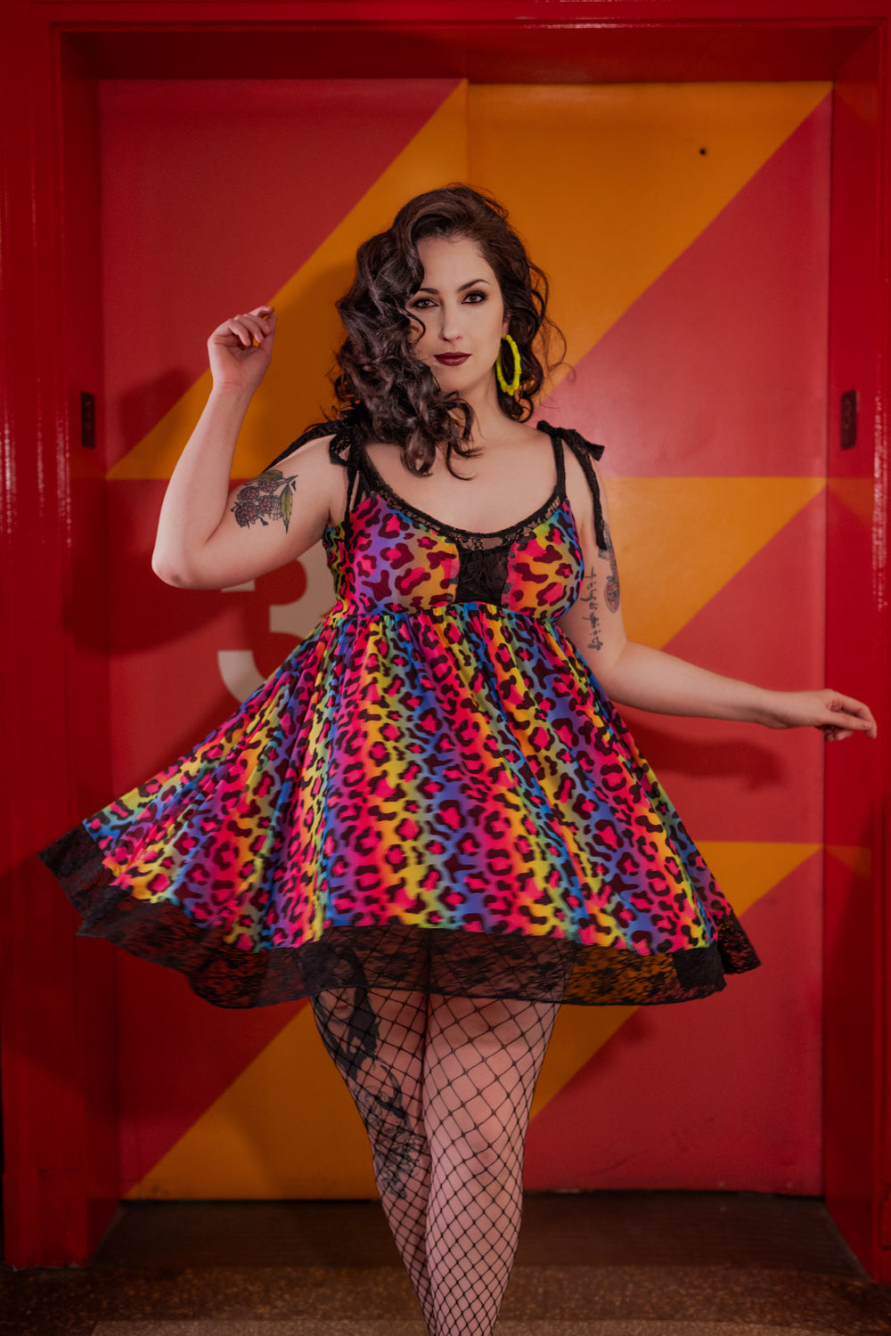 Josie Babydoll Dress in Rainbow Leopard Mesh