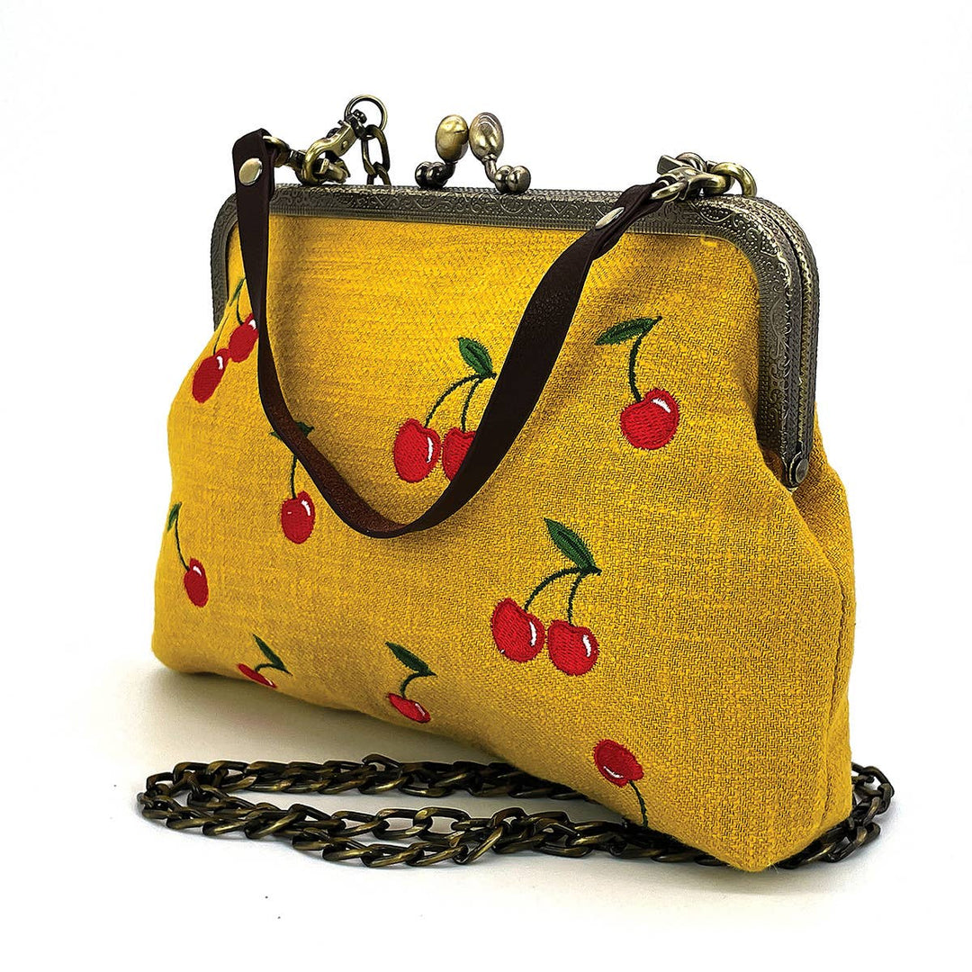 Cherry Kisslock Handbag in Linen + Cotton blend fabric: BLACK
