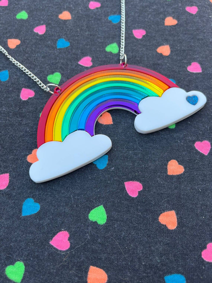 Mirrored Rainbow Acrylic Statement Necklace With Clouds