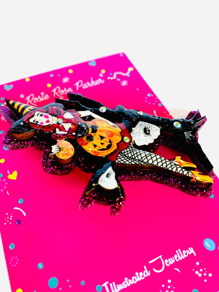 Meggie the Witch & her Pumpkin Cat Brooch by Rosie Rose Parker