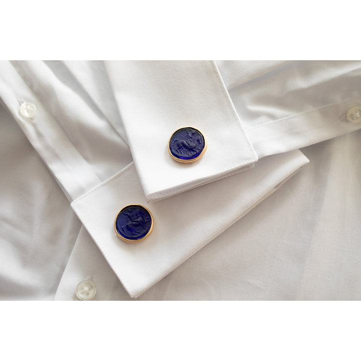 Glass Mounted Warrior Coin Motif Cuff Links (Cobalt Tone)