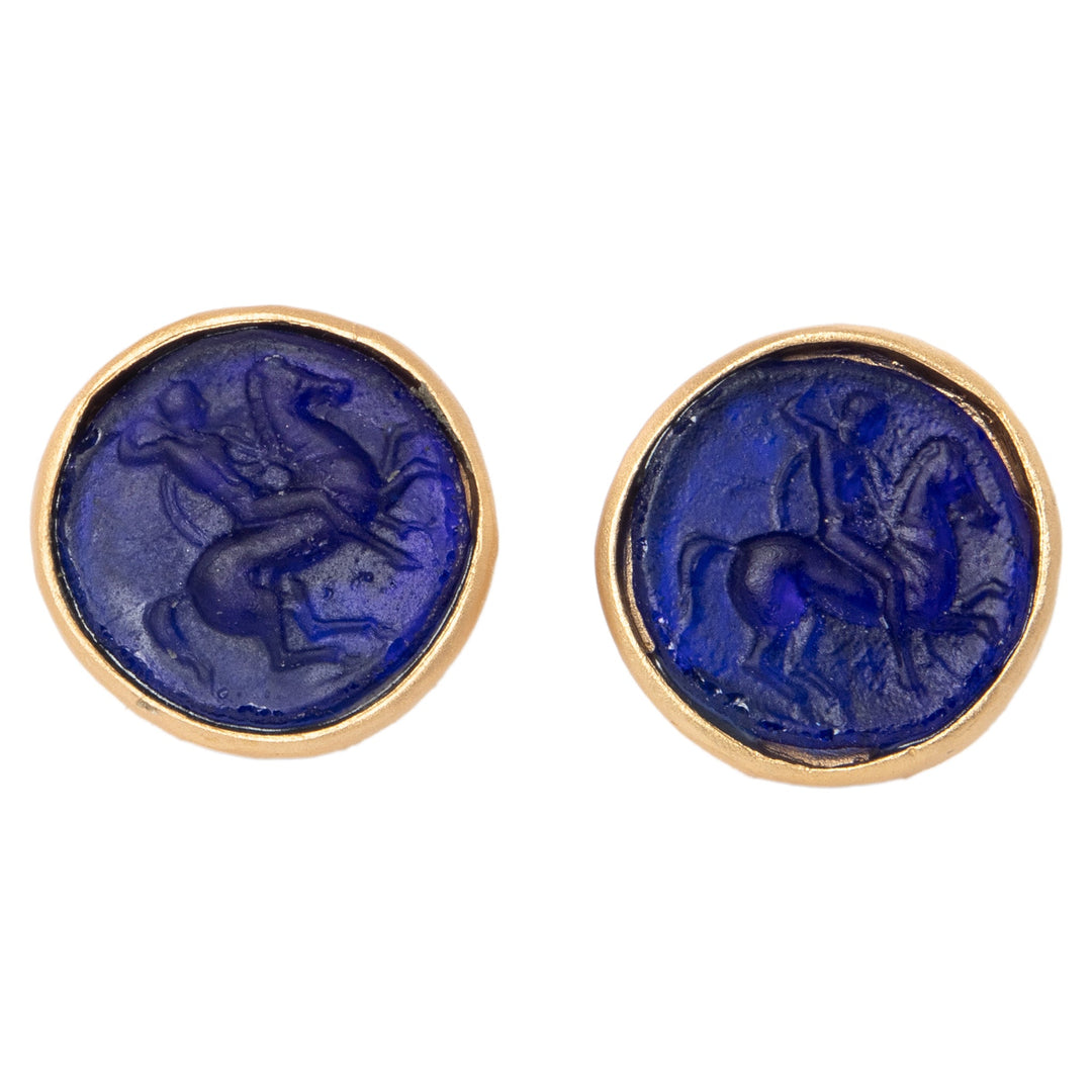 Glass Mounted Warrior Coin Motif Cuff Links (Cobalt Tone)