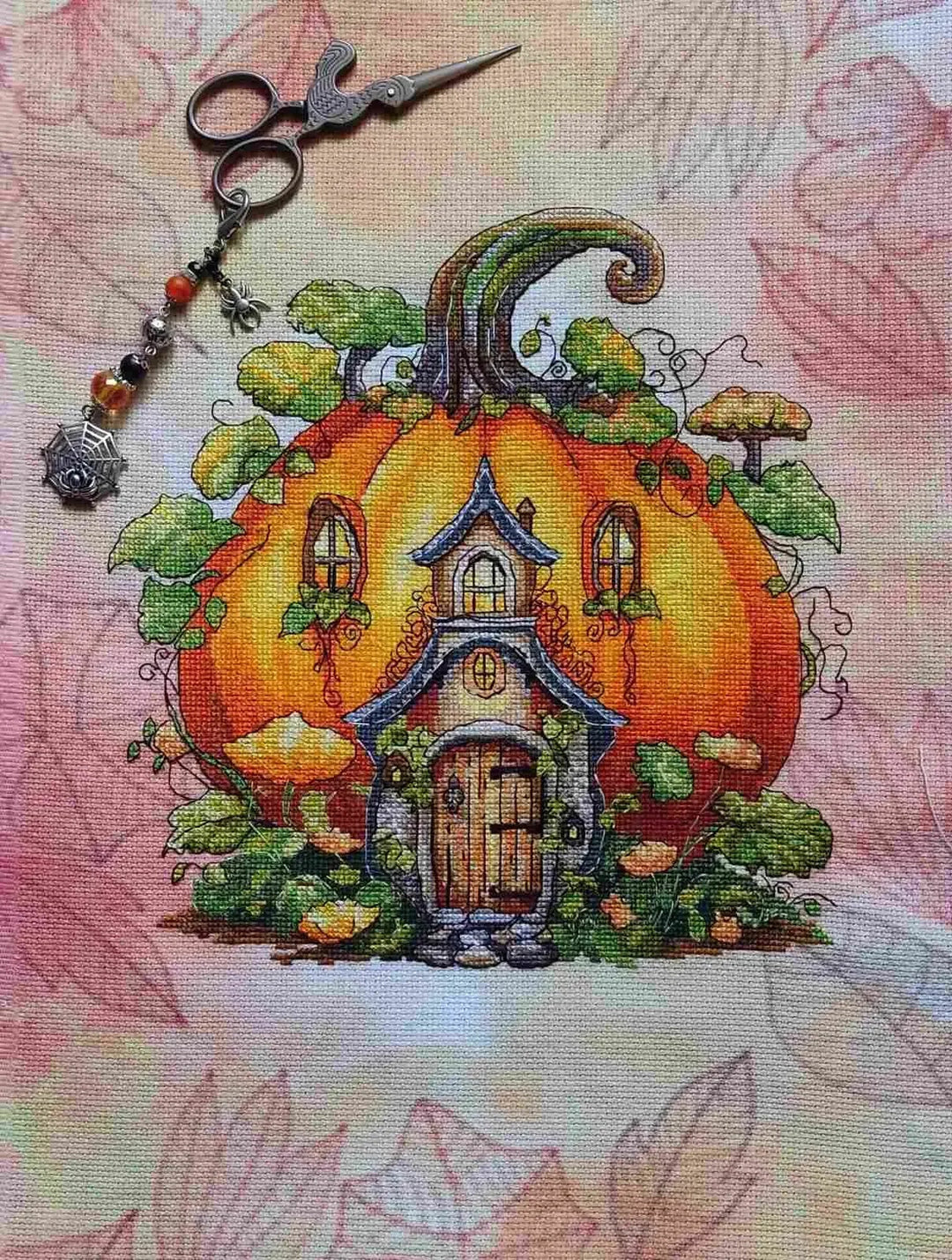 Autumn Haze Designer Printed AIDA Fabric. Canvas for embroidery with an applied background  KF-1155A