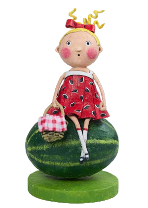 Figurine of a girl in a red dress sitting on a watermelon with a checkered bag.