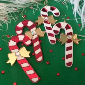 Christmas Candy Cane & Bows Statement Earrings