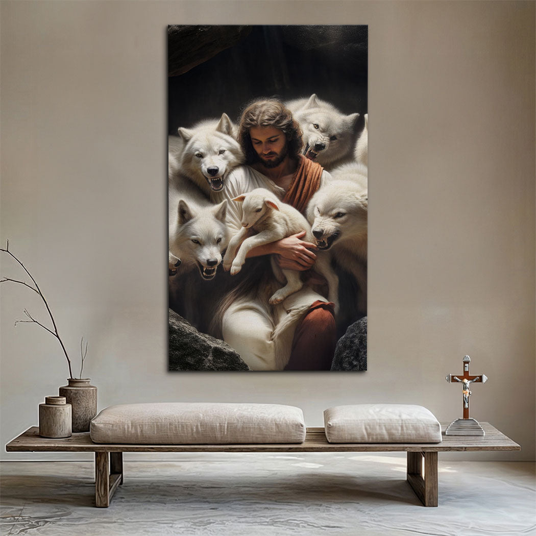 Jesus Protects The Lamb From Wolves Faith Wall Art