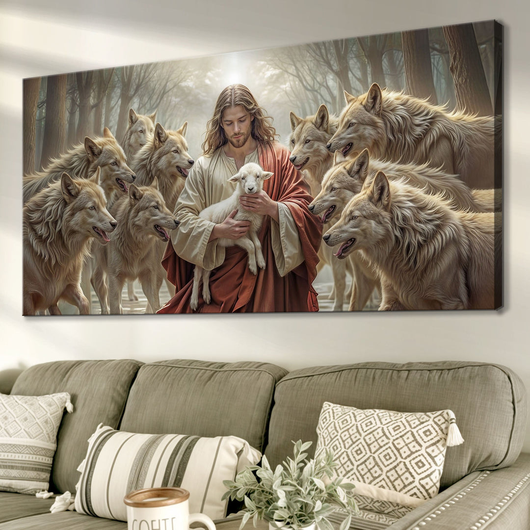 Jesus Protects The Lamb From Wolves Faith Wall Art II