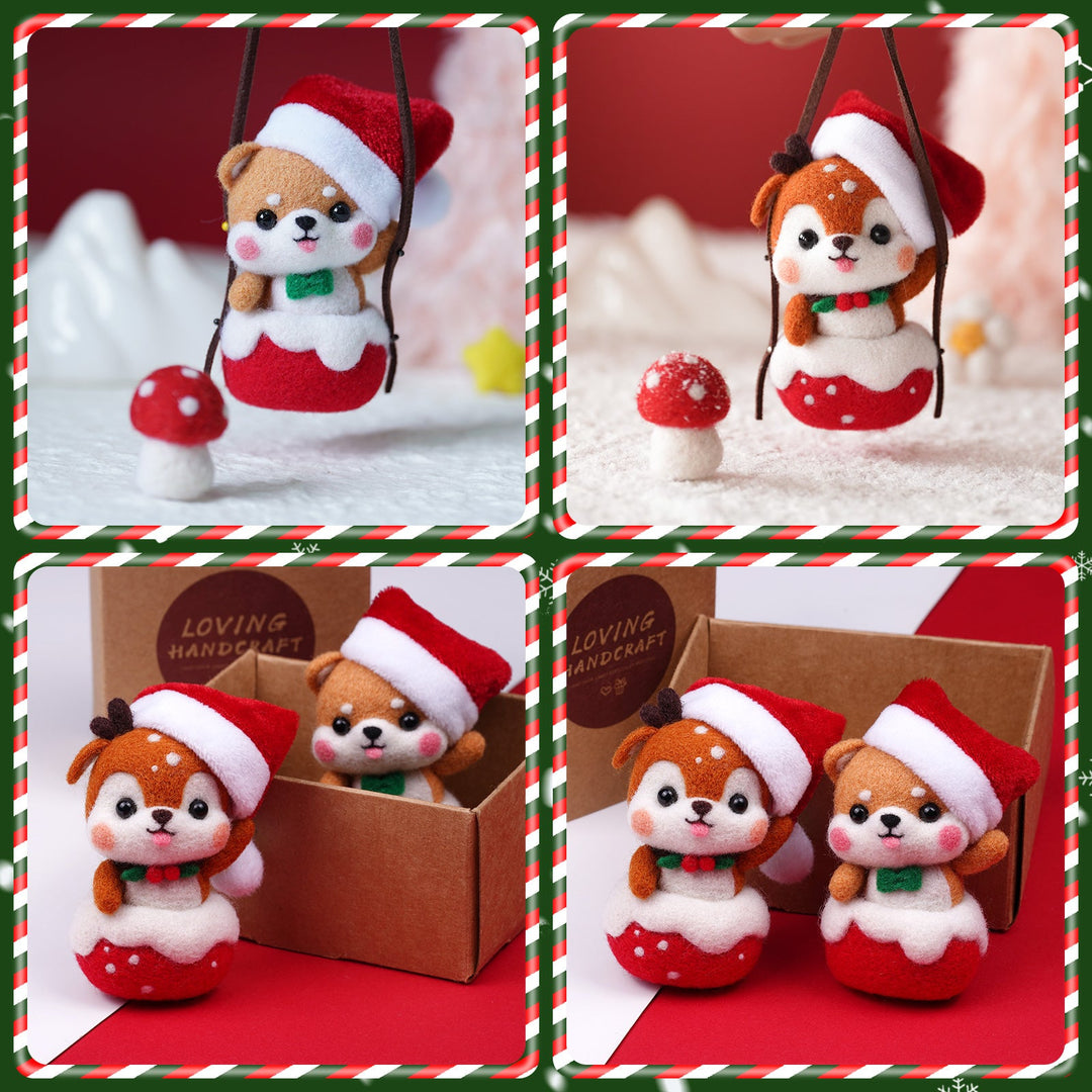 Christmas Shiba Inu and Piggy Needle Felting Kit. Wizardi DIY Wool Craft Kit F07N8-Z-12