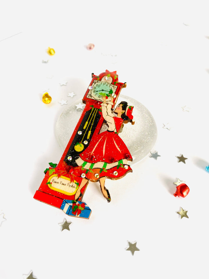 Christmas Eve Grandfather Clock Brooch by Rosie Rose Parker