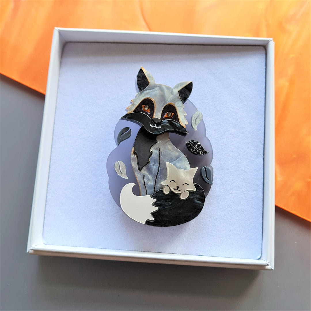 Silver Fox and Cub Brooch