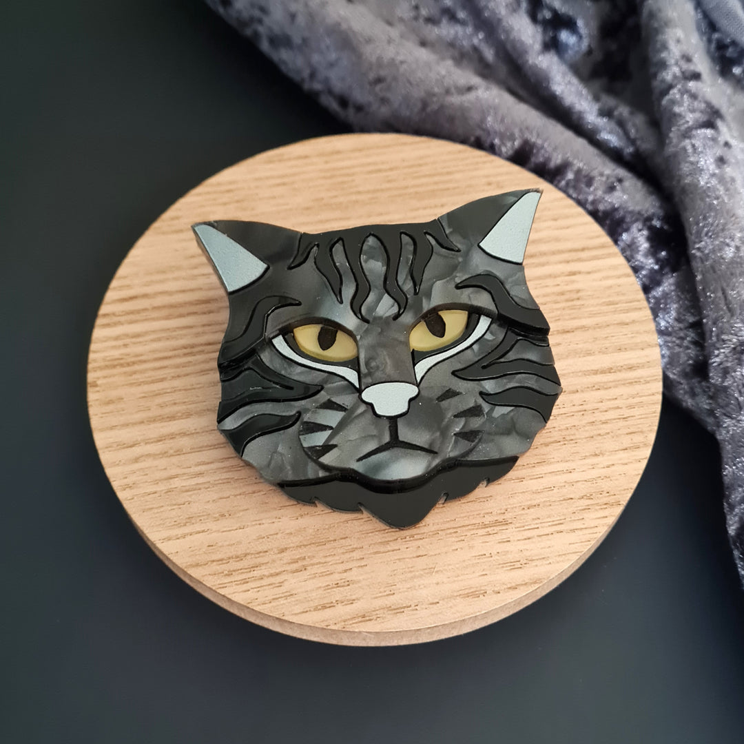Mystic Black Tabby Cat Brooch or Necklace