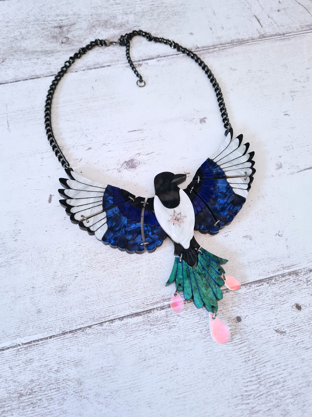Magpie in Flight Statement Necklace by Cherryloco