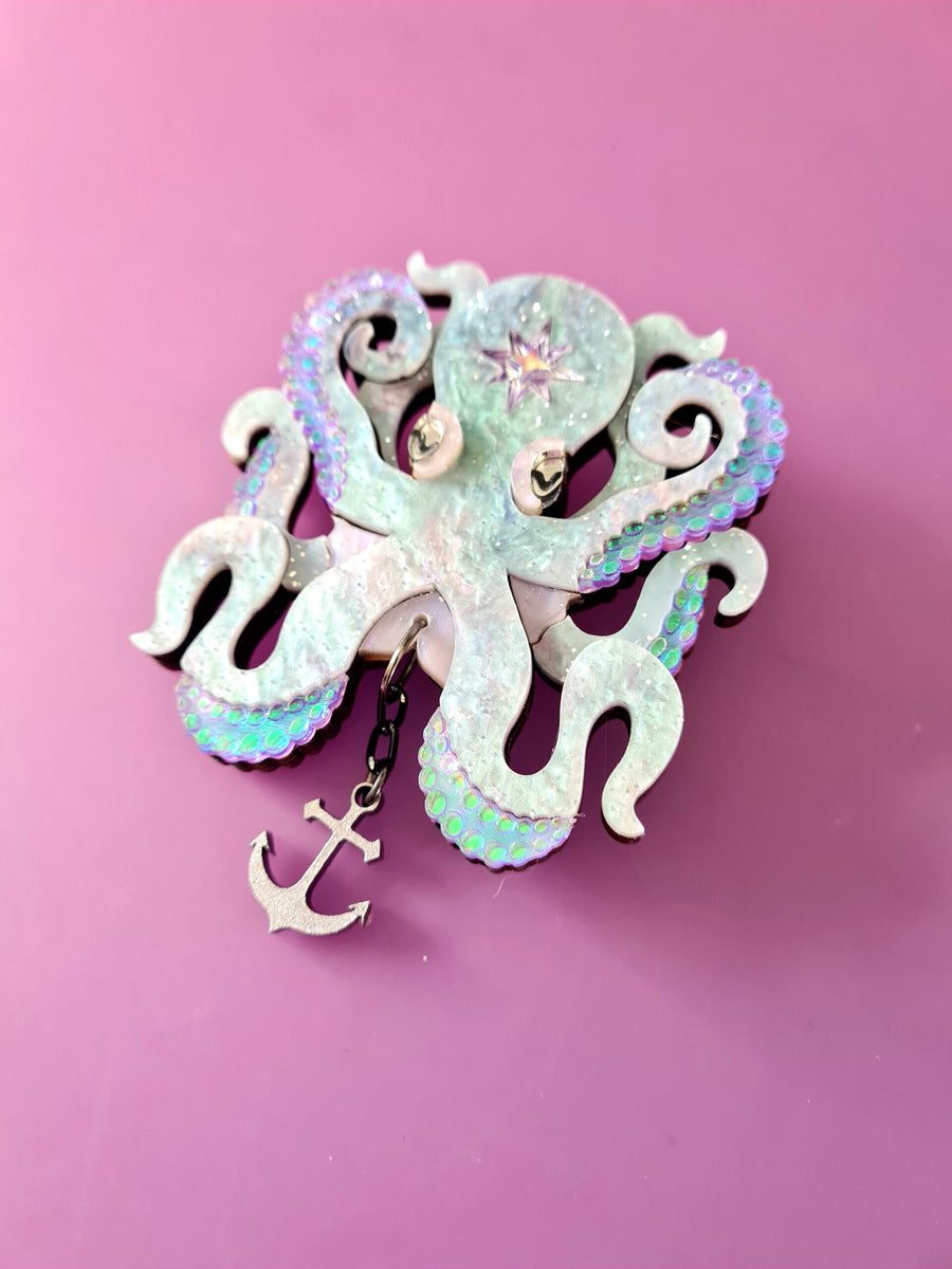 Octopus Brooch or Necklace Cosmic Rock - purple glitter acrylic octopus with anchor charm