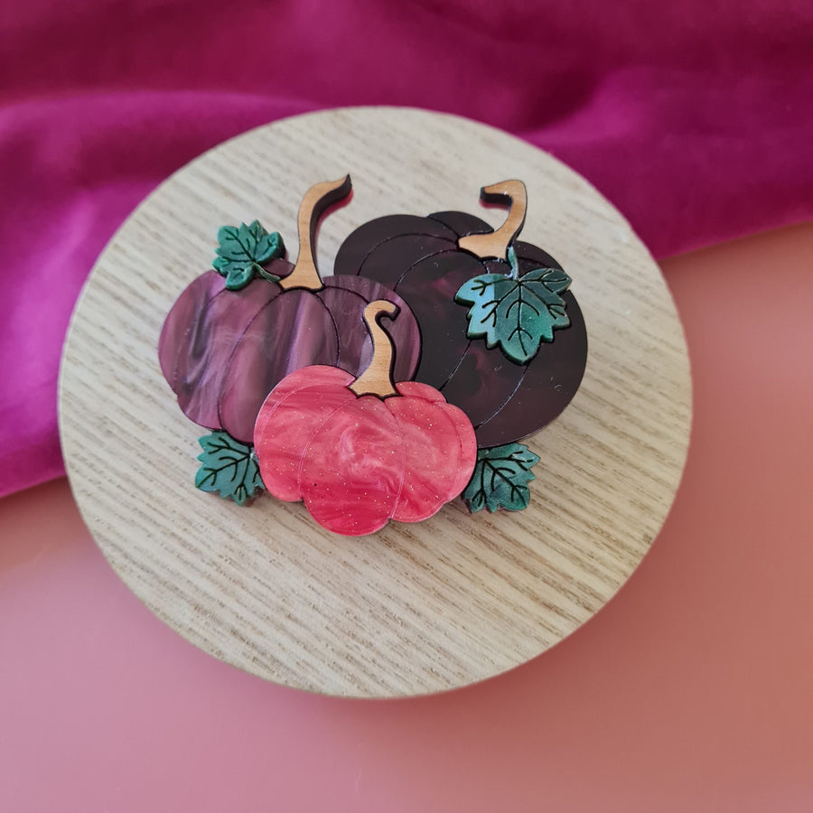Pumpkin Patch Trio Brooch or Necklace - three autumn pumpkins in burgundy acrylic