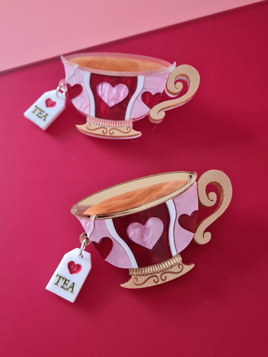 Tea Lover Brooch or Necklace - vintage teacup with heart pattern, handmade acrylic jewelry