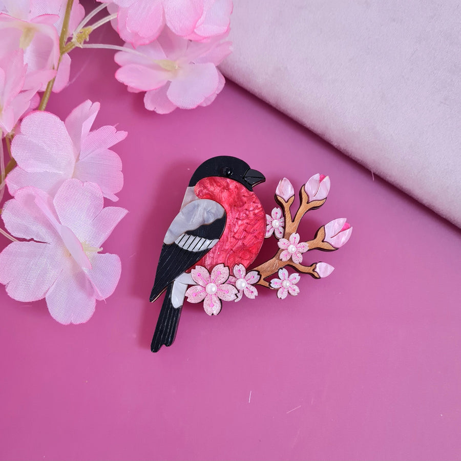 Bullfinch and Blossoms Brooch - bullfinch bird nestled among cherry blossoms