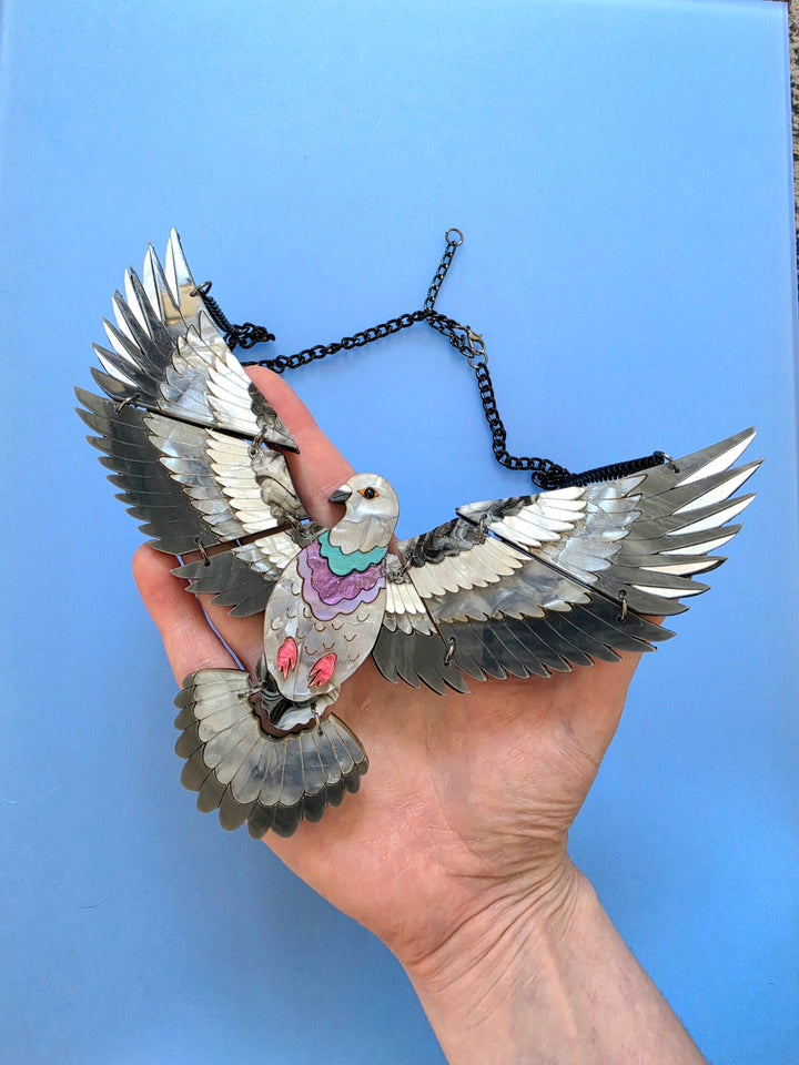 Articulated Flying Pigeon Bird Acrylic Statement Necklace