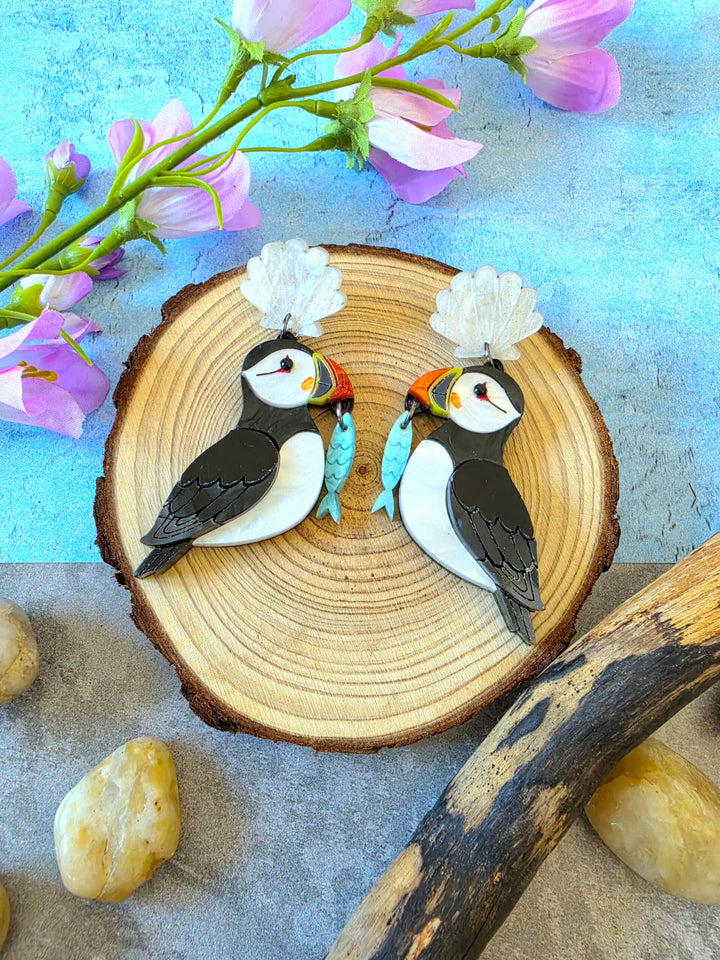 Puffin Coastal Bird Shell Statement Earrings