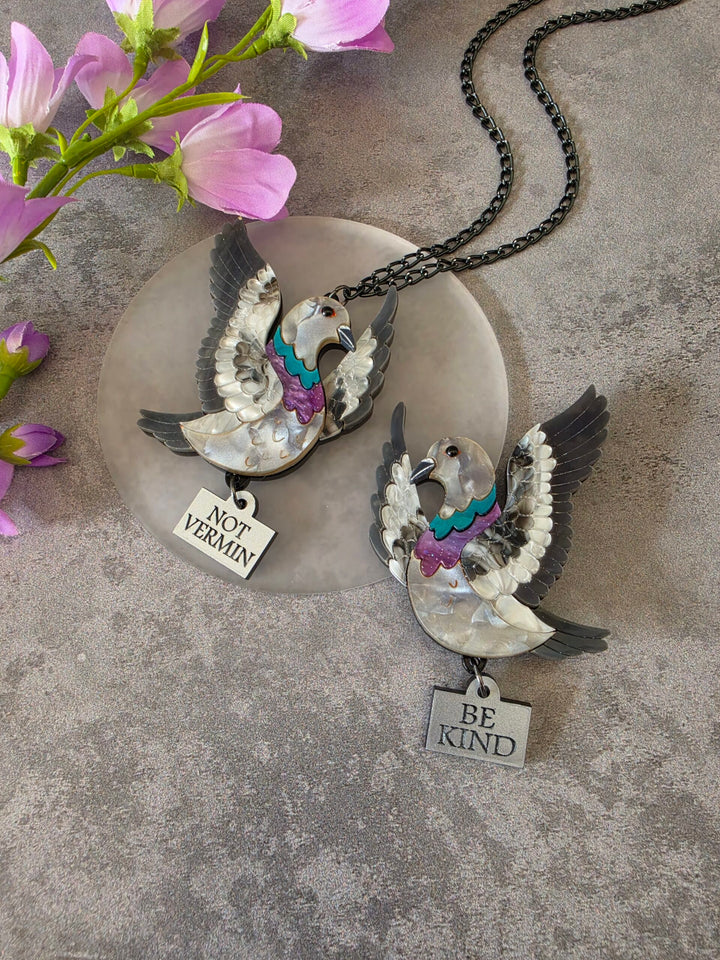 Flying Pigeon Bird Acrylic Statement Brooch or Necklace