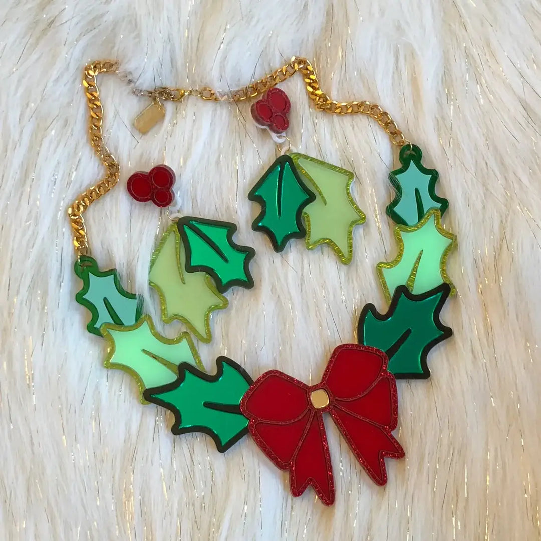 Christmas Wreath and Bow Necklace