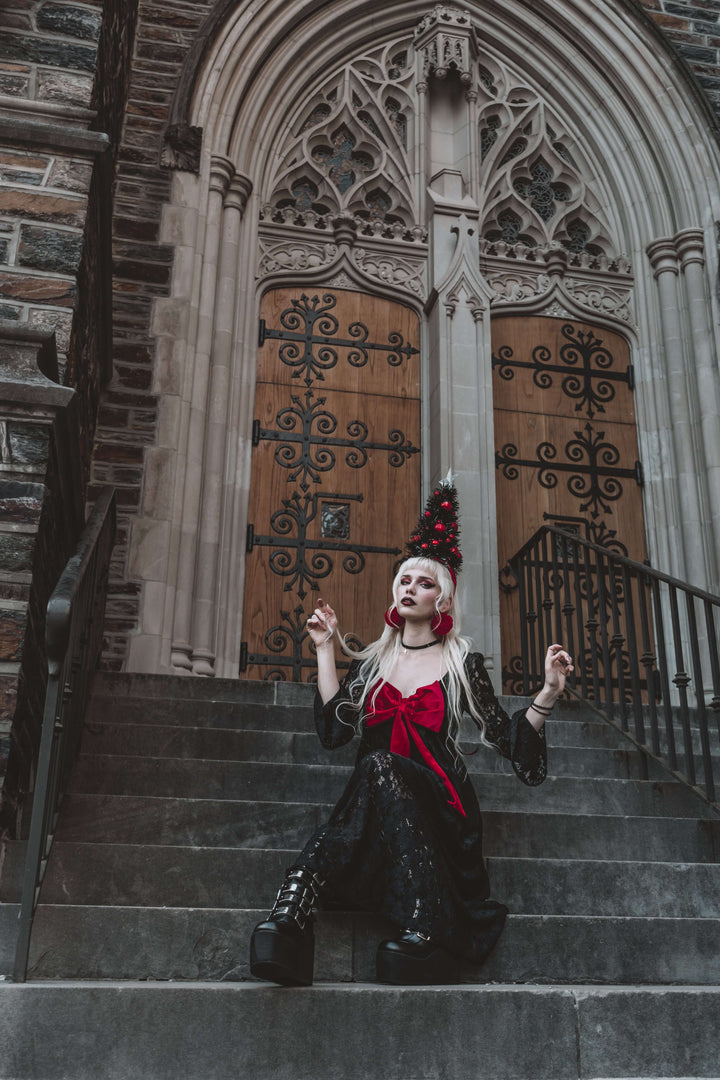 Priscilla 60's Bell Sleeve Lace Maxi Dress in Black