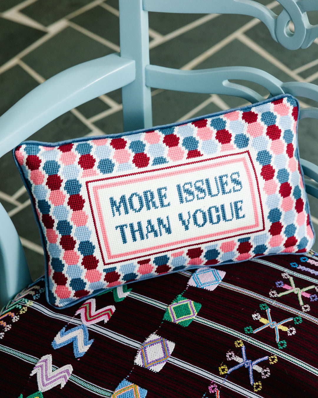 More Issues Needlepoint Pillow