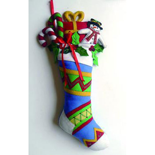 25" Blue Stocking w/Snowman & Gifts by Stitch by Stitch image