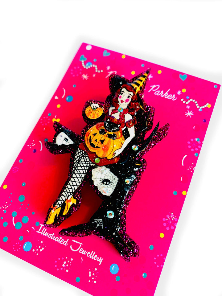 Meggie the Witch & her Pumpkin Cat Brooch by Rosie Rose Parker