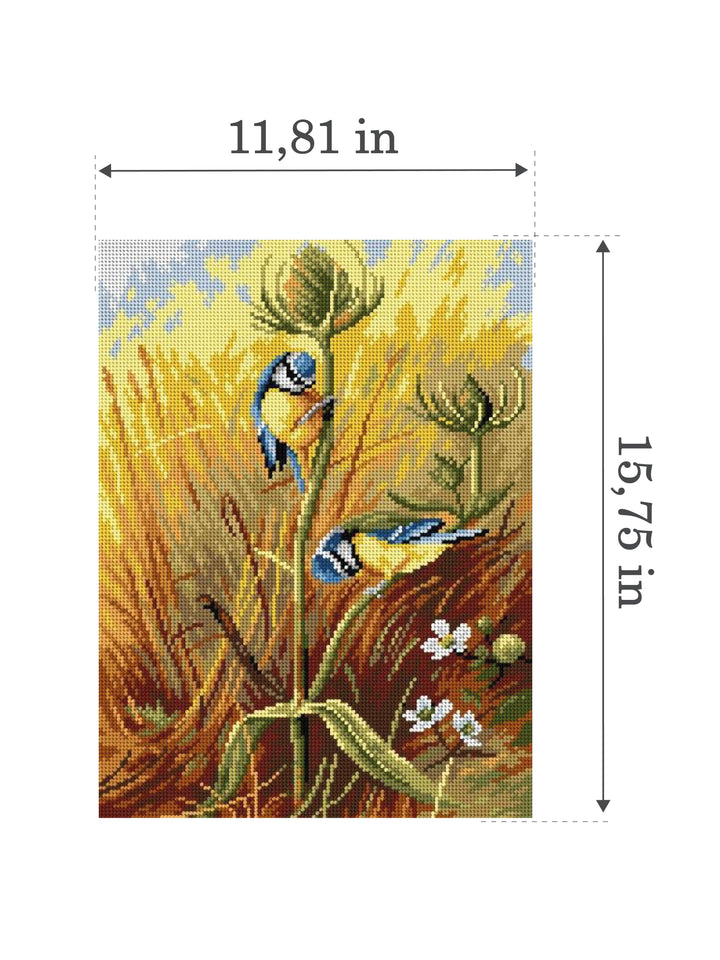 Gobelin canvas for halfstitch without yarn after Archibal Thornburn - Bluetits on a Teasel