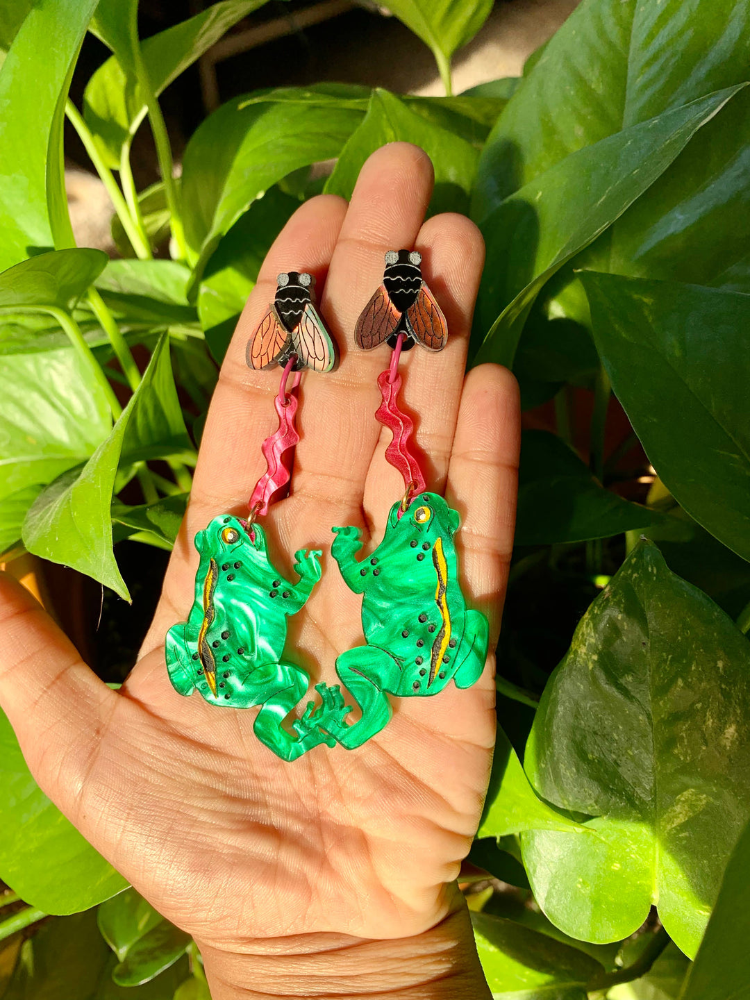 Frog and Fly Acrylic Statement Earrings