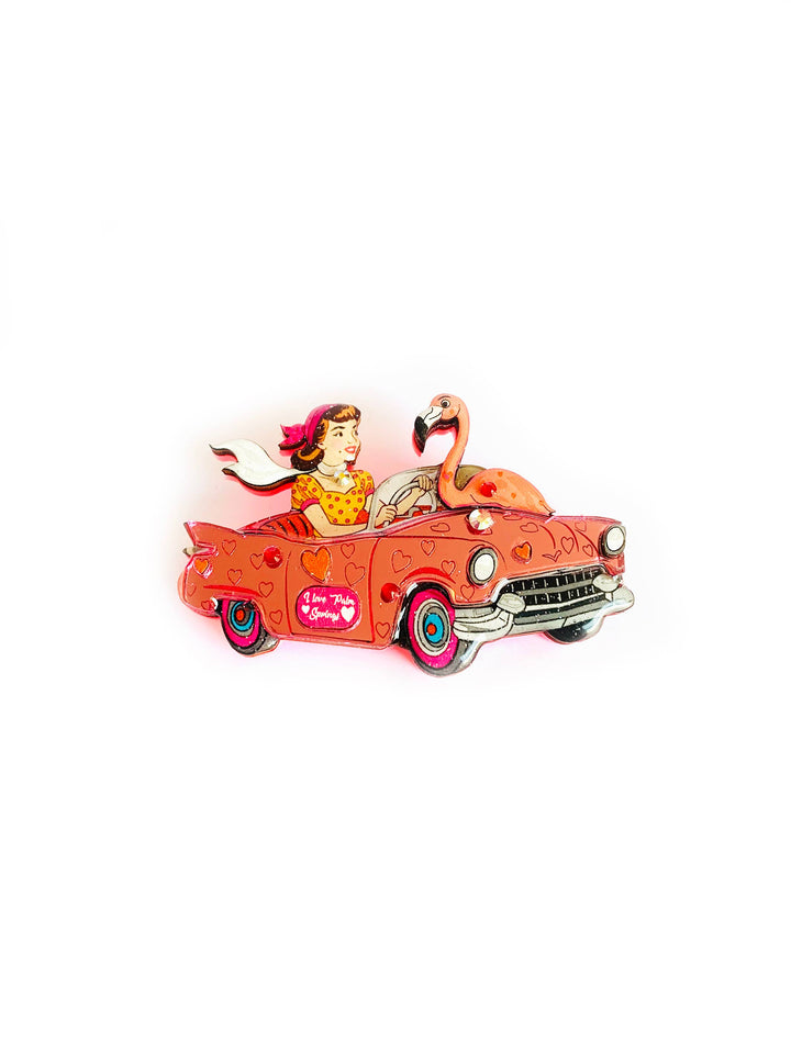 Frankie & the Flamingo Car Brooch by Rosie Rose Parker