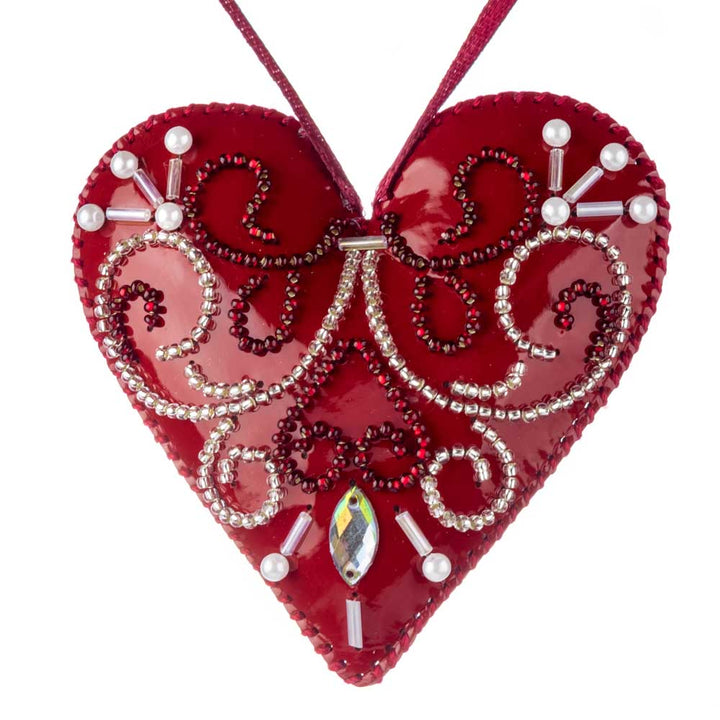 Heart Christmas Ornament Artificial Leather Bead Embroidery Kit by Wonderland Crafts FLBB-136
