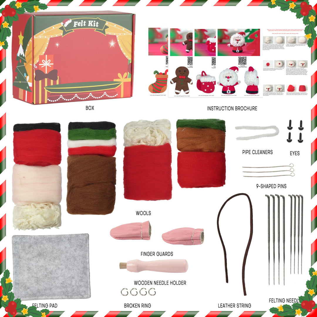 Christmas Tree, Stocking, Gingerbread man and Santa Needle Felting Kit. Wizardi DIY Wool Craft Kit F07N8-Z-10