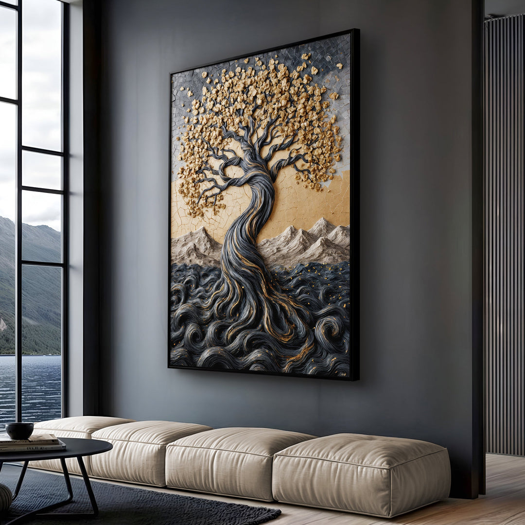 Golden Tree of Life Minimalist Impasto Wall Art