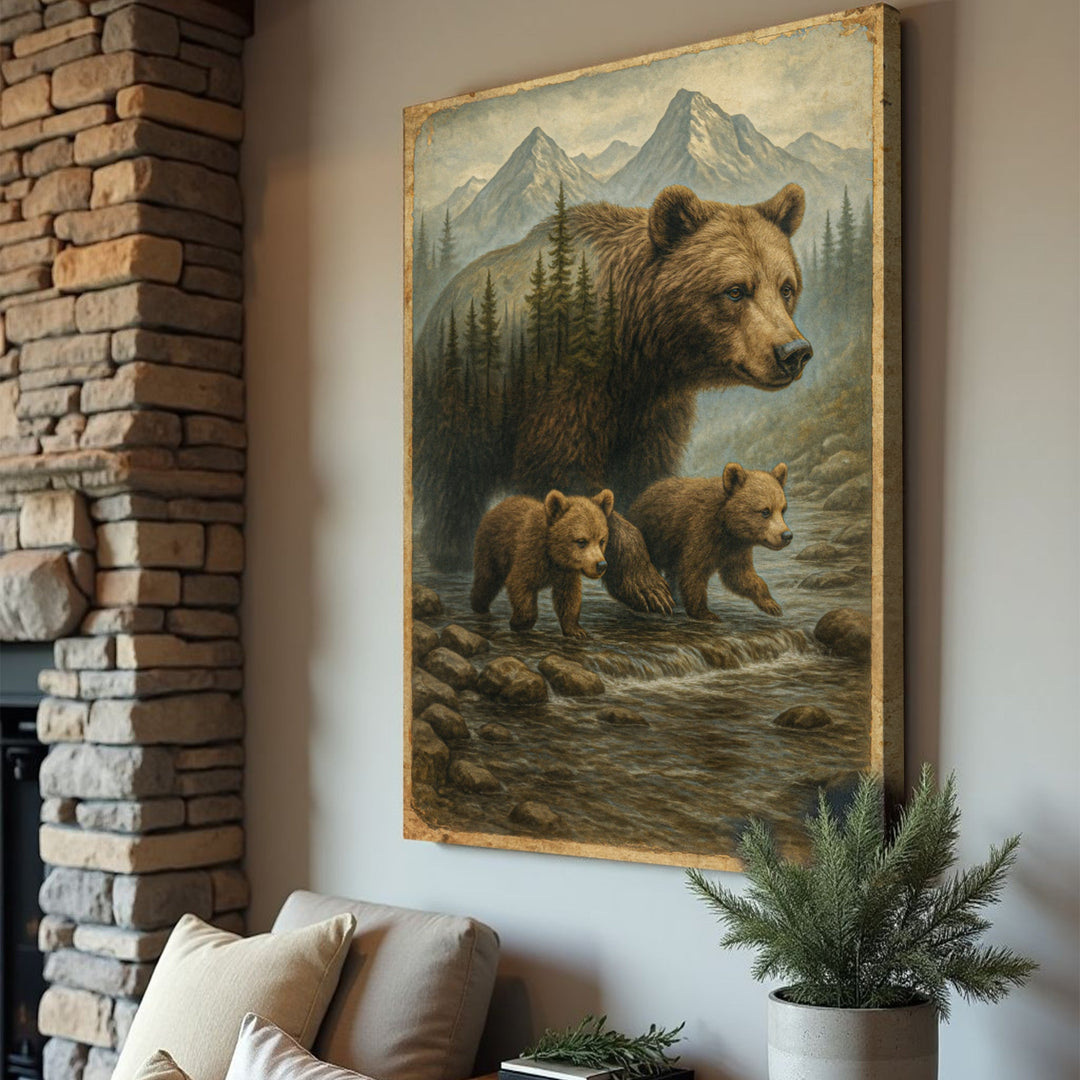 Mother Bear and Cubs Crossing Double Exposure Wall Art