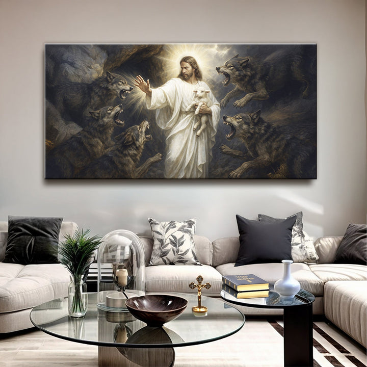 Jesus Protects The Lamb From Wolves Faith Wall Art XIV