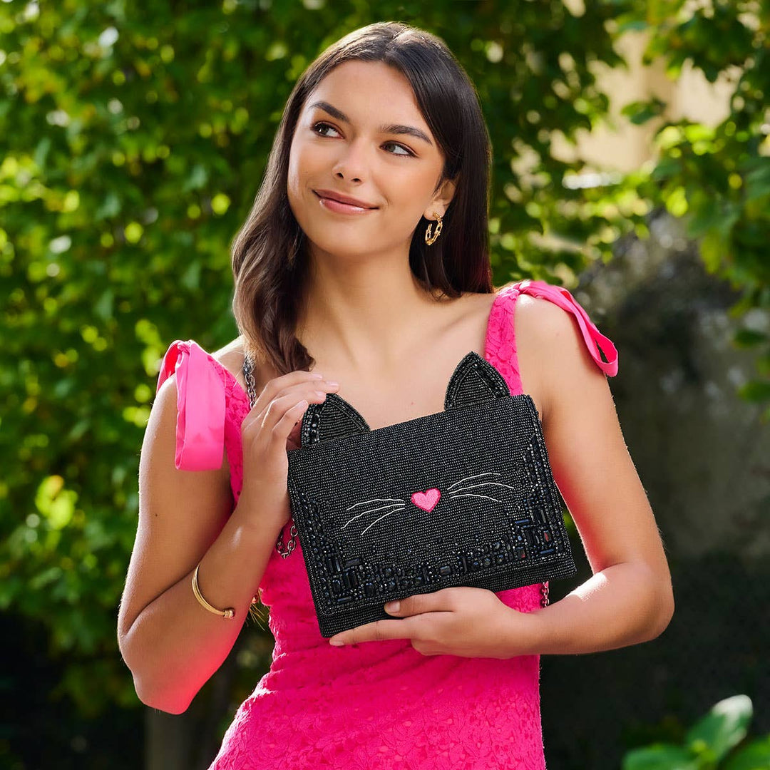 Kitty Couture Black and Pink Beaded Cat Crossbody Handbag