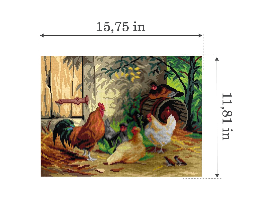 Needlepoint canvas for halfstitch without yarn after Carl Jutz the Elder - Chickens in front of the Stable 3288J - Printed Tapestry Canvas