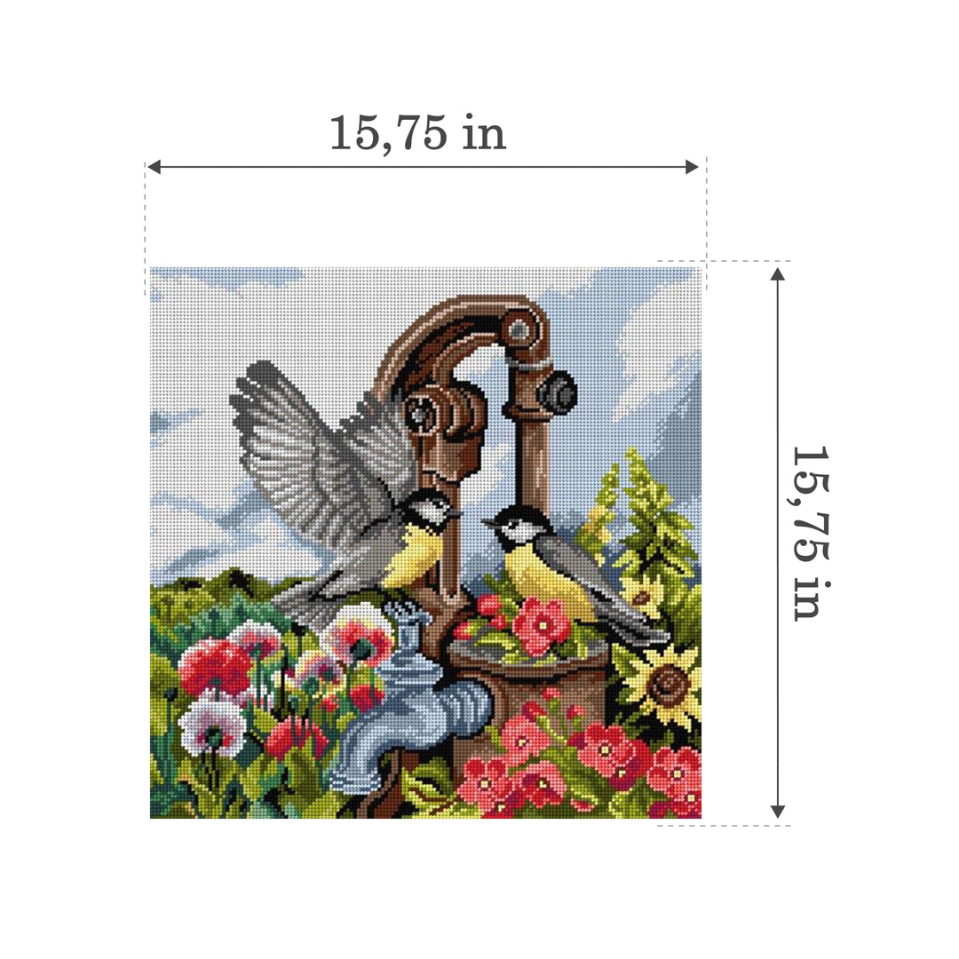 Gobelin canvas for halfstitch without yarn Birds at the Hand Pump