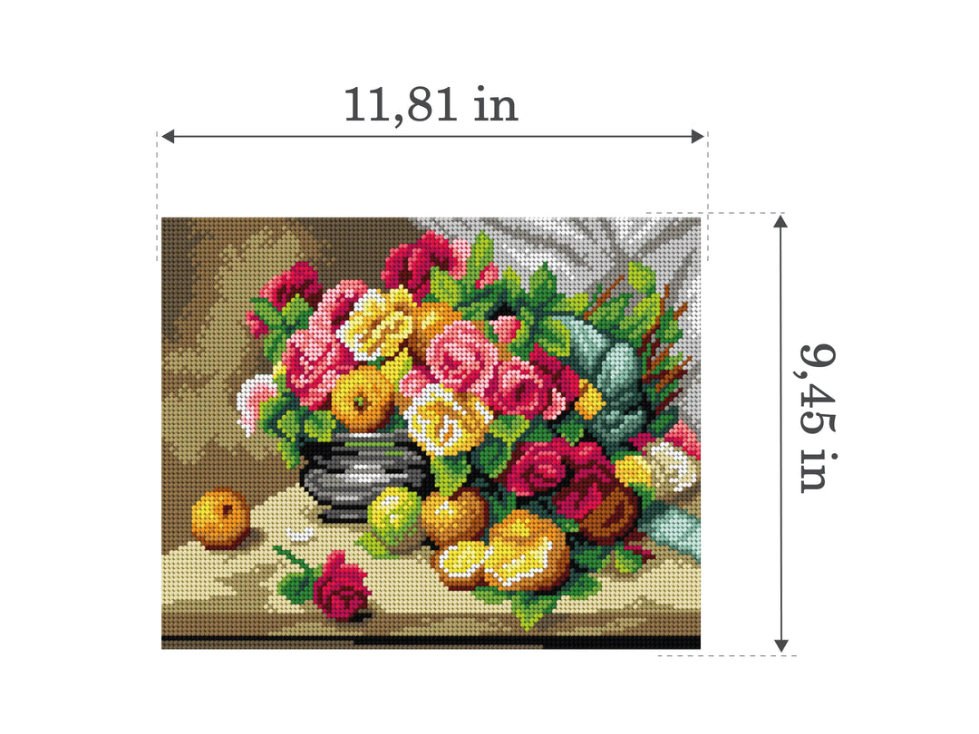 Gobelin canvas for halfstitch without yarn after Georges Jeannin - Still Life of Roses and Citrus Fruit 3472H